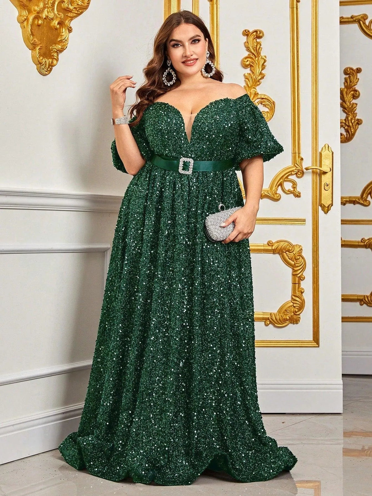 Plus Off Shoulder Puff Sleeves Sequin Formal Dress Black / 1XL Plus Off Shoulder Puff Sleeves Sequin Formal Dress Black / 1XL
