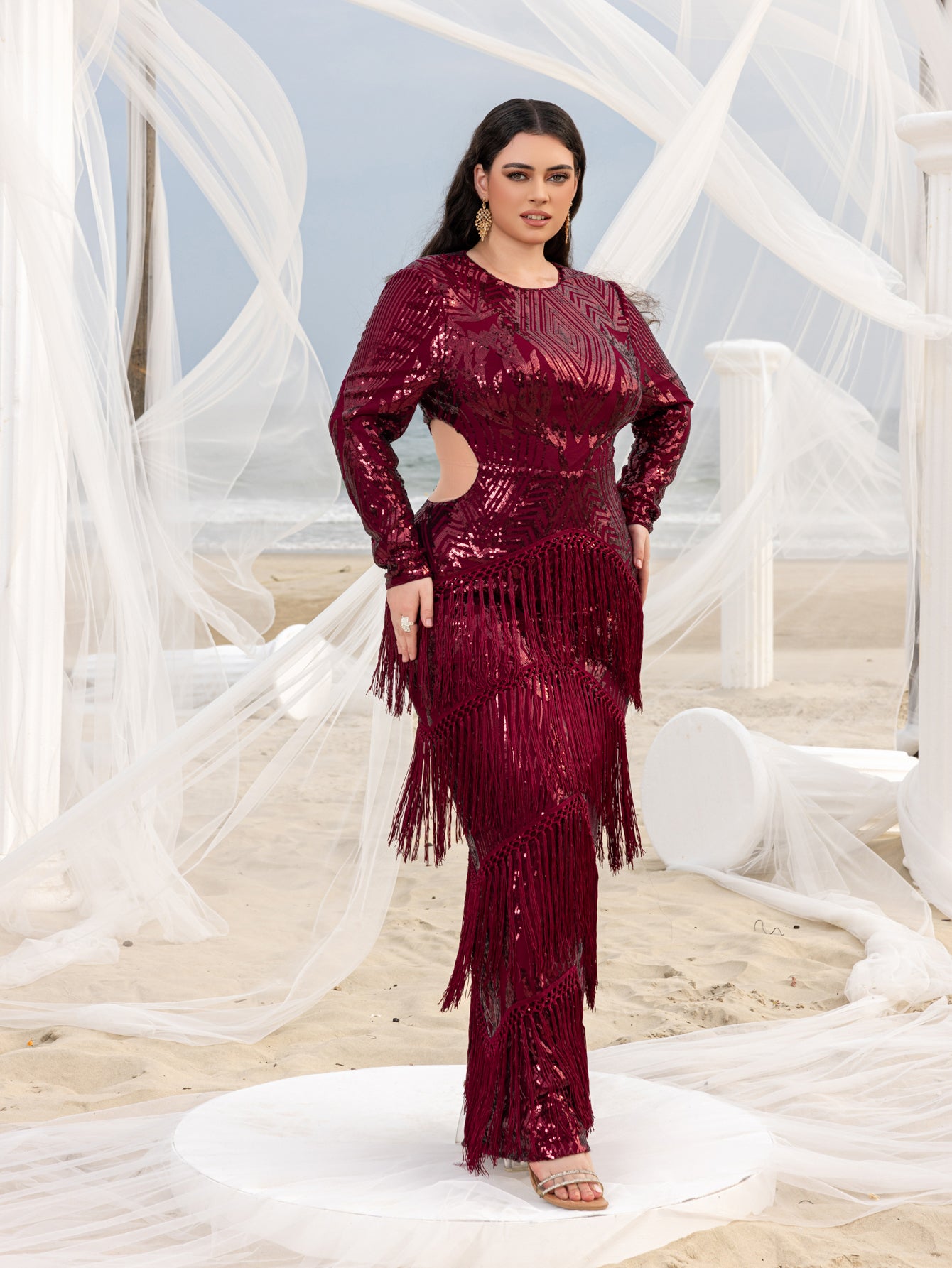 Plus Gorgeous Cut Out Waist Fringed Sequin Party Dress