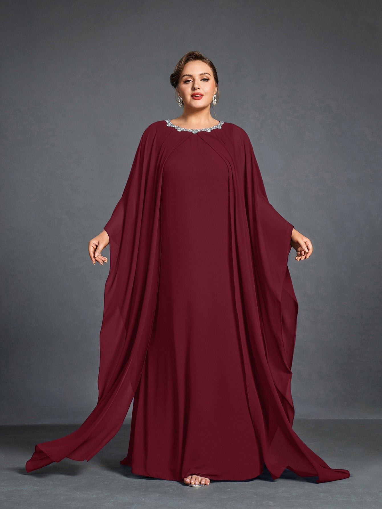 embellished neck chiffon dress Ever-Pretty Plus Size Rhinestone Embellished Chiffon With Sleev