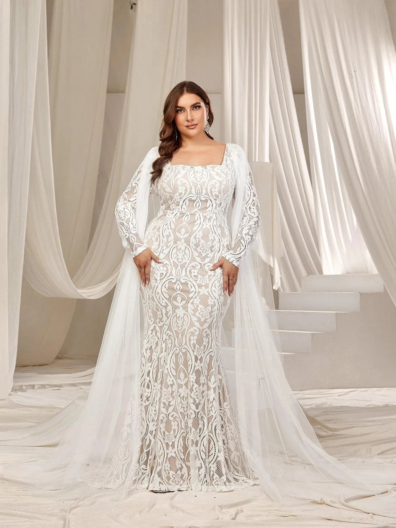 Plus Square Neck Mermaid Hem Lace Wedding Dress Black / 2XL Plus Square Neck Mermaid Hem Lace Wedding Dress Black / 2XL