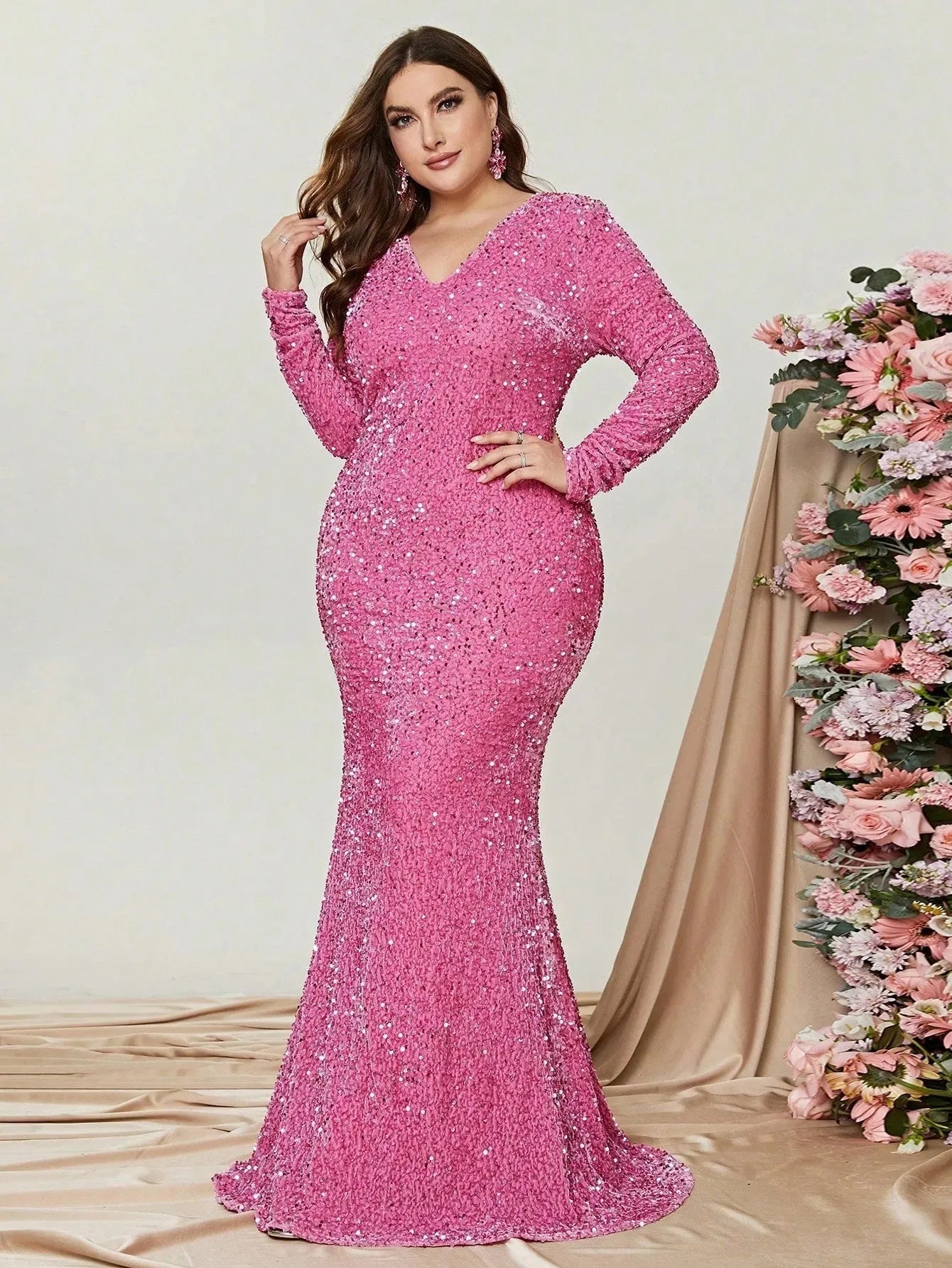 Plus V Neck Long Sleeves Sequin Mermaid Dress