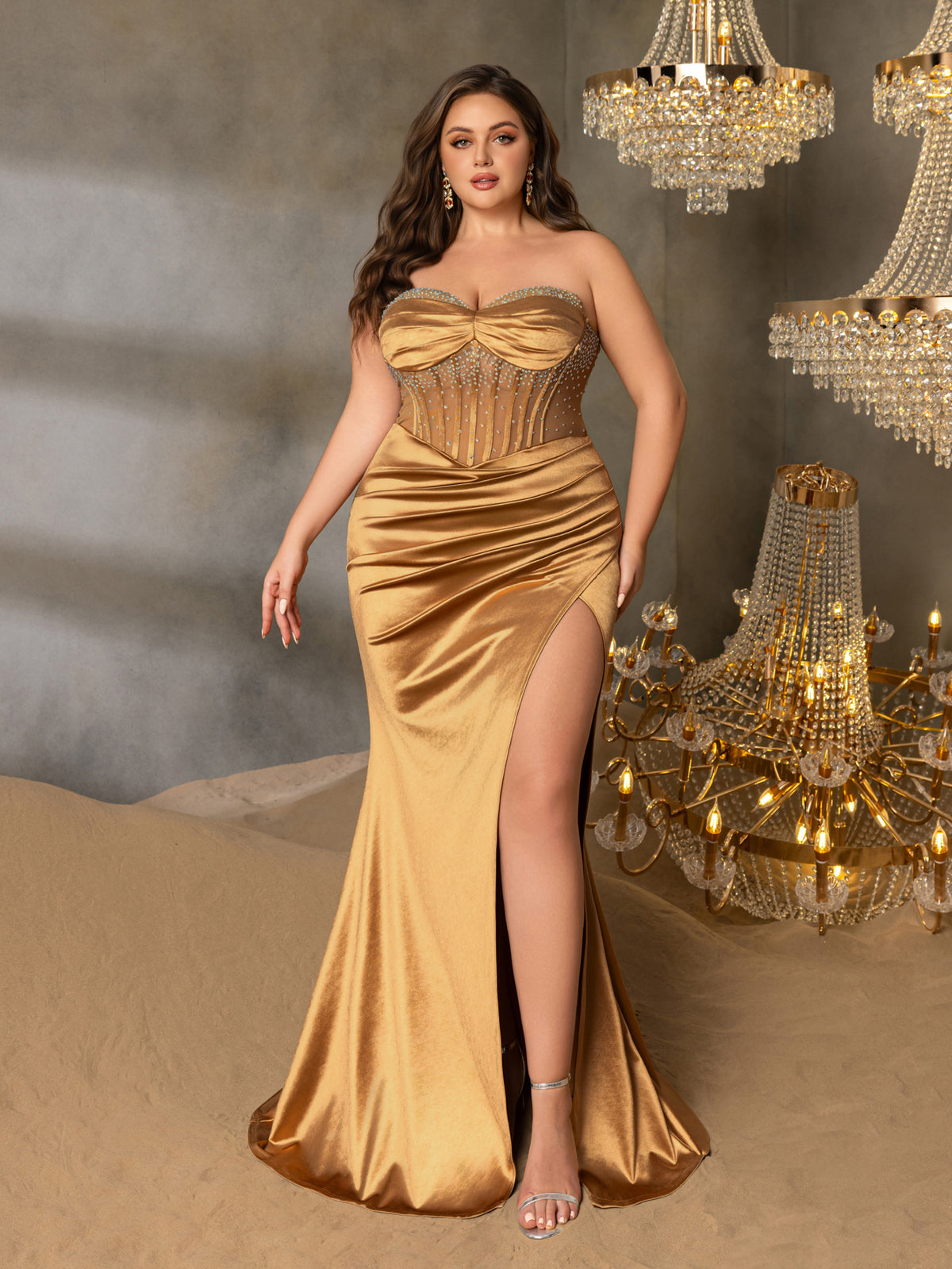 Plus Elegant Strapless Rhinestone Detail Sheer Bodice Split Satin Formal Party Dress