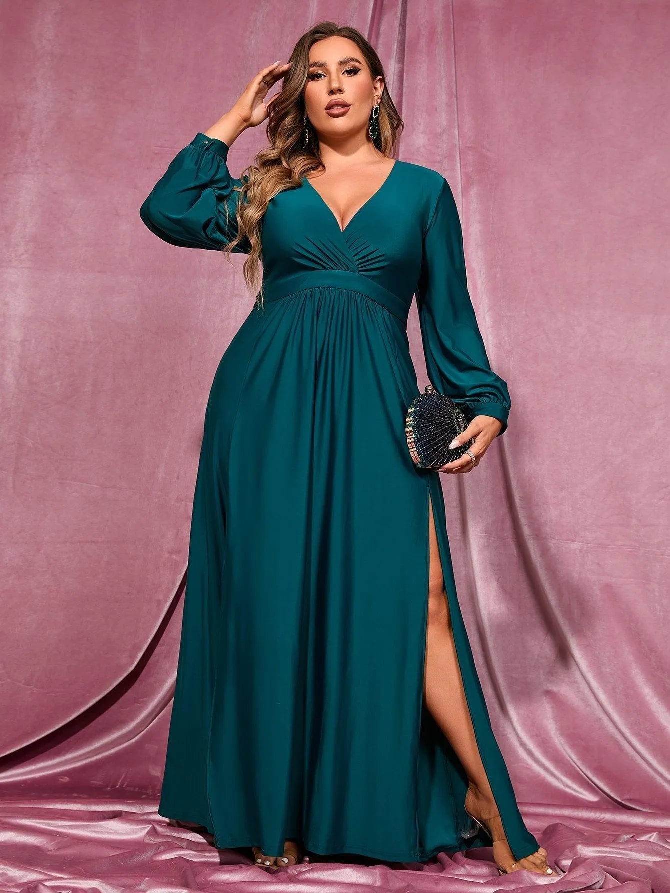 Plus Plunging Neck Lantern Sleeve High Slit Dress - Elonnashop