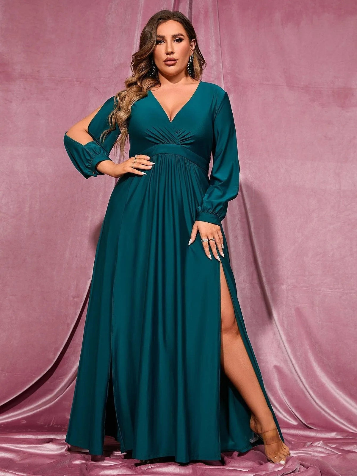 Plus Plunging Neck Lantern Sleeve High Slit Dress - Elonnashop