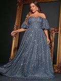 Plus Off Shoulder Puff Sleeves Sequin A Line Dress - Elonnashop