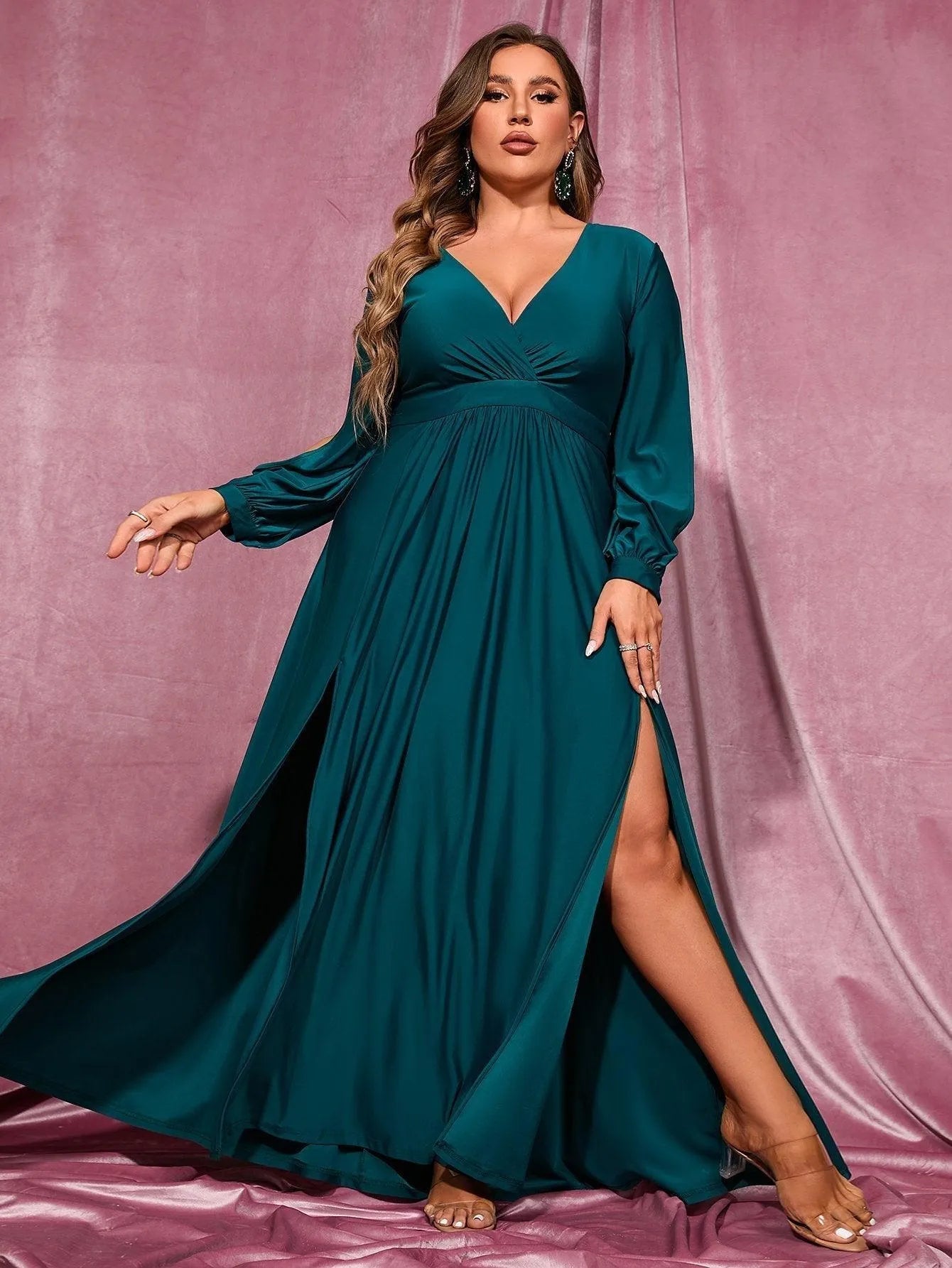 Plus Plunging Neck Lantern Sleeve High Slit Dress Dark Green / 5XL Plus Plunging Neck Lantern Sleeve High Slit Dress Dark Green / 5XL