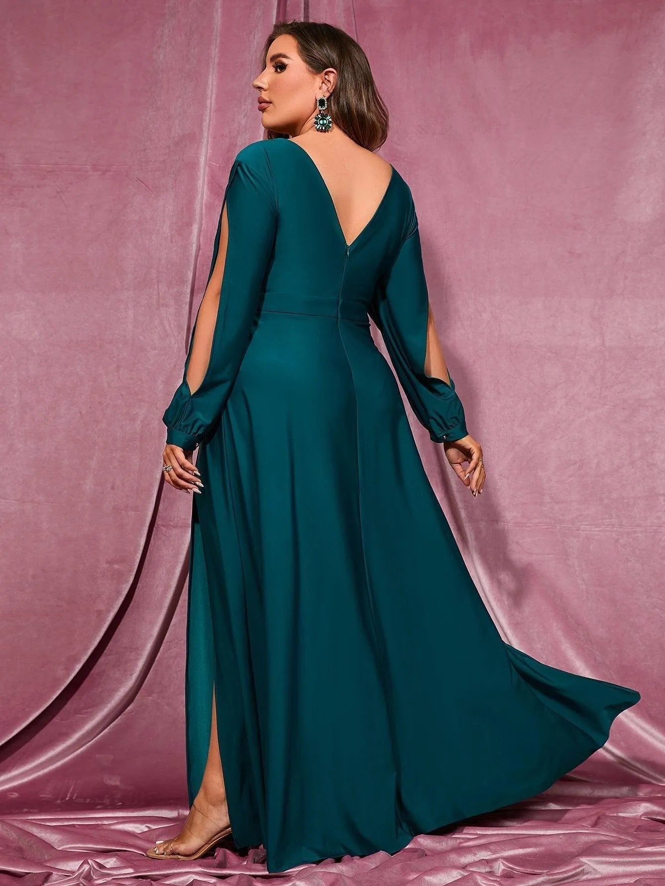 Plus Plunging Neck Lantern Sleeve High Slit Dress - Elonnashop