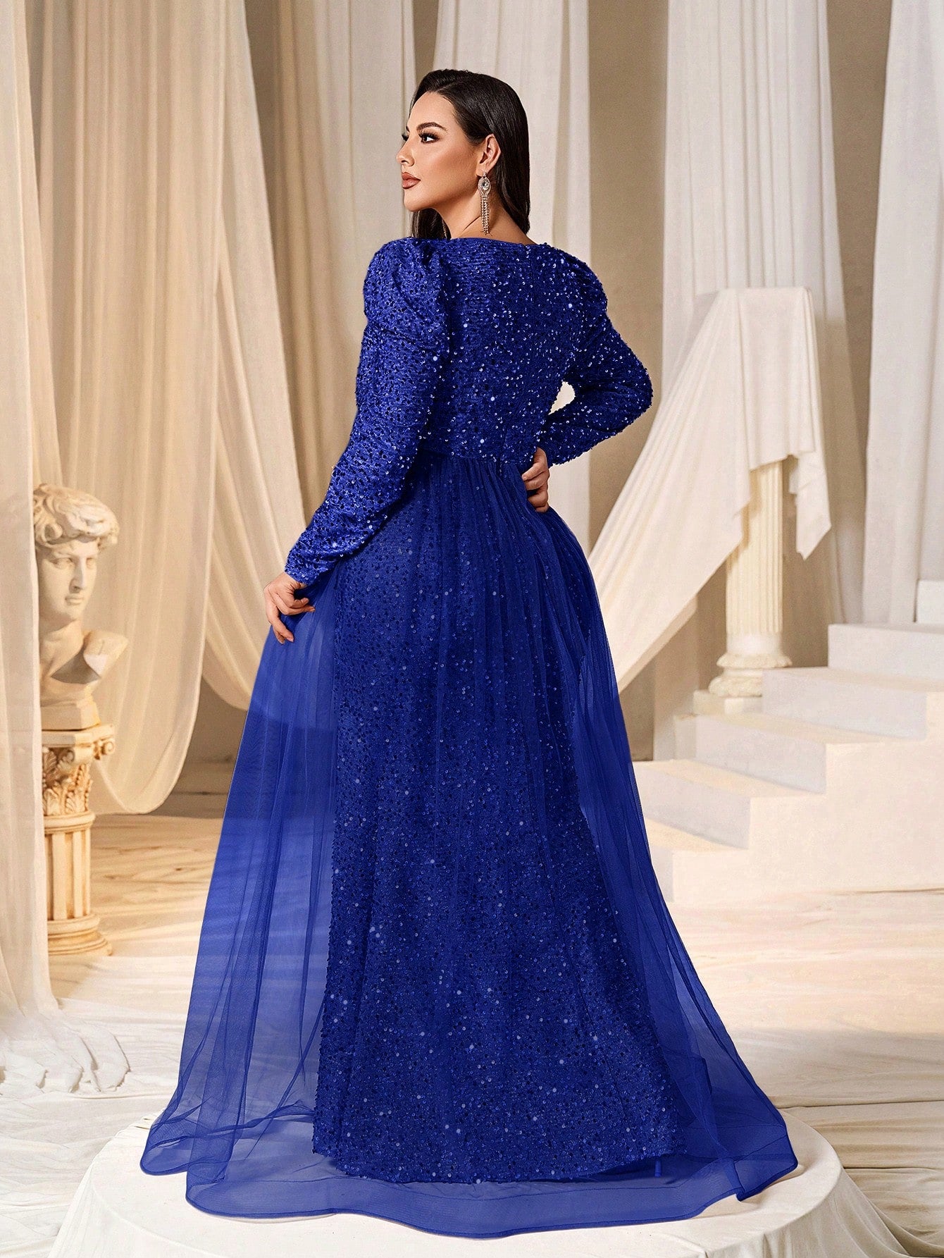 long sleeve sequin formal dress Plus Gigot Sleeves Split Mermaid Hem Sequin Formal Dress Royal Blue / 1XL