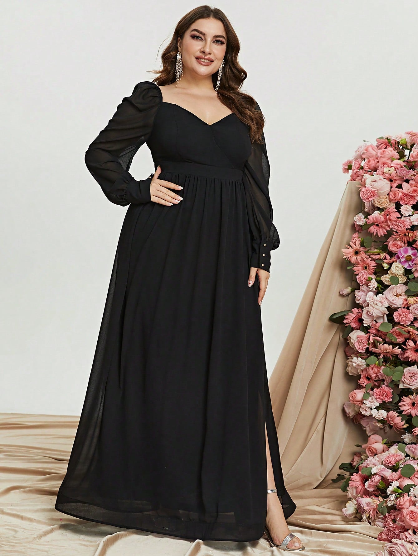 Plus Sweetheart Neck Backless Long Sleeve Chiffon A line Dress