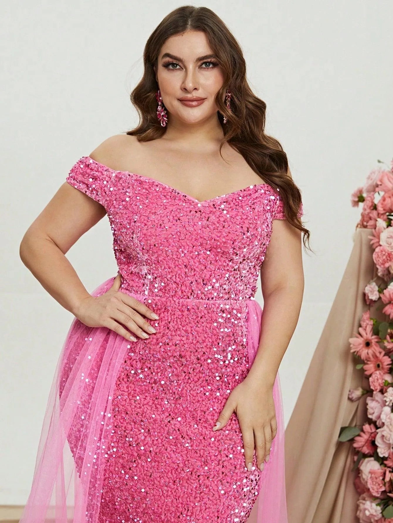 Plus Size Off Shoulder Mesh Layer on Waist Sequin Dresses - Elonnashop