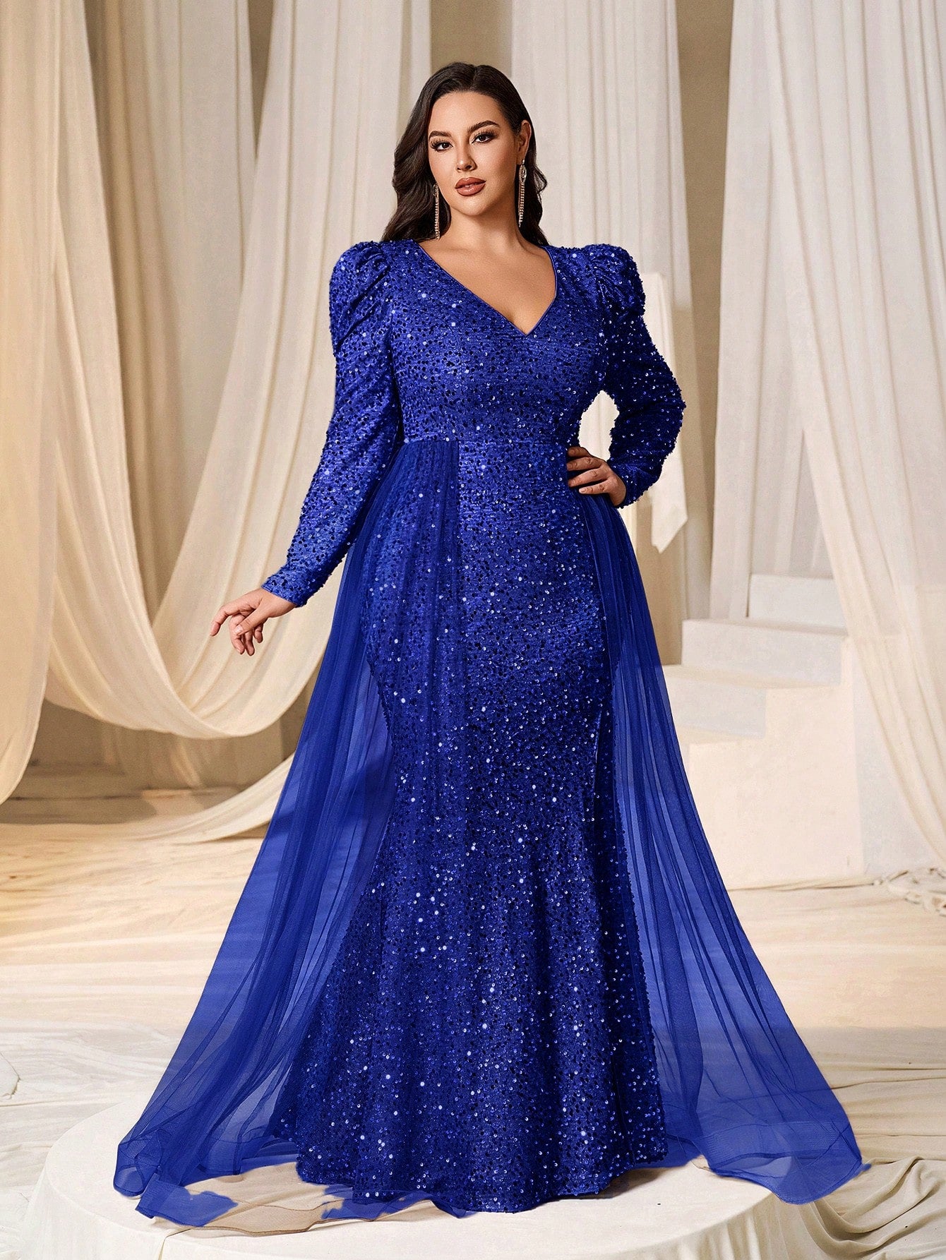 sequin formal dress with sleeves Plus Gigot Sleeves Split Mermaid Hem Sequin Formal Dress Royal Blue / 1XL