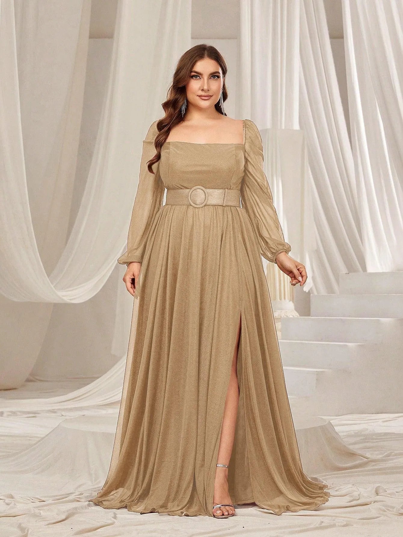 Plus Square Neck Lantern Sleeves Split Thigh Evening Dress - Elonnashop