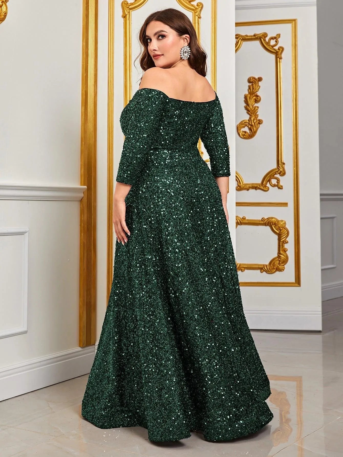 Plus Off Shoulder 3/4 Sleeves Sequin A Line Dress Black / 5XL Plus Off Shoulder 3/4 Sleeves Sequin A Line Dress Black / 5XL