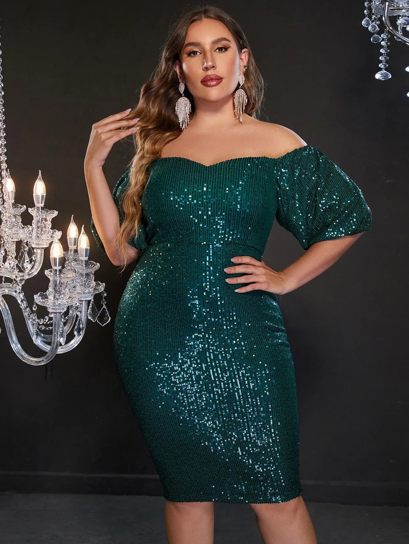 Plus Off Shoulder Puff Sleeves Sequin Midi Dress - Elonnashop