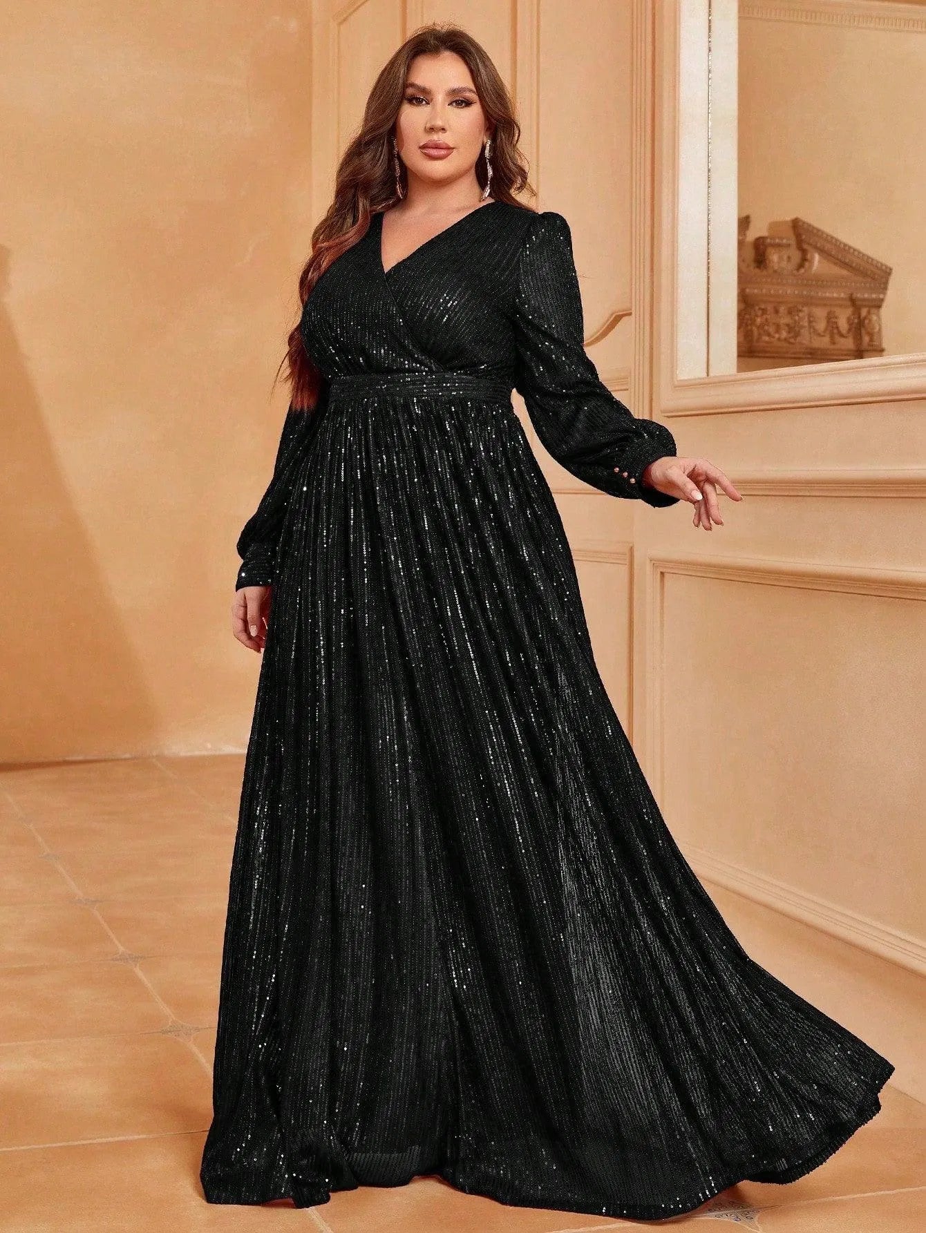 Plus V Neck Lantern Sleeve Sequin A Line Dresses - Black / 1XL Plus V Neck Lantern Sleeve Sequin A Line Dresses - Black / 1XL