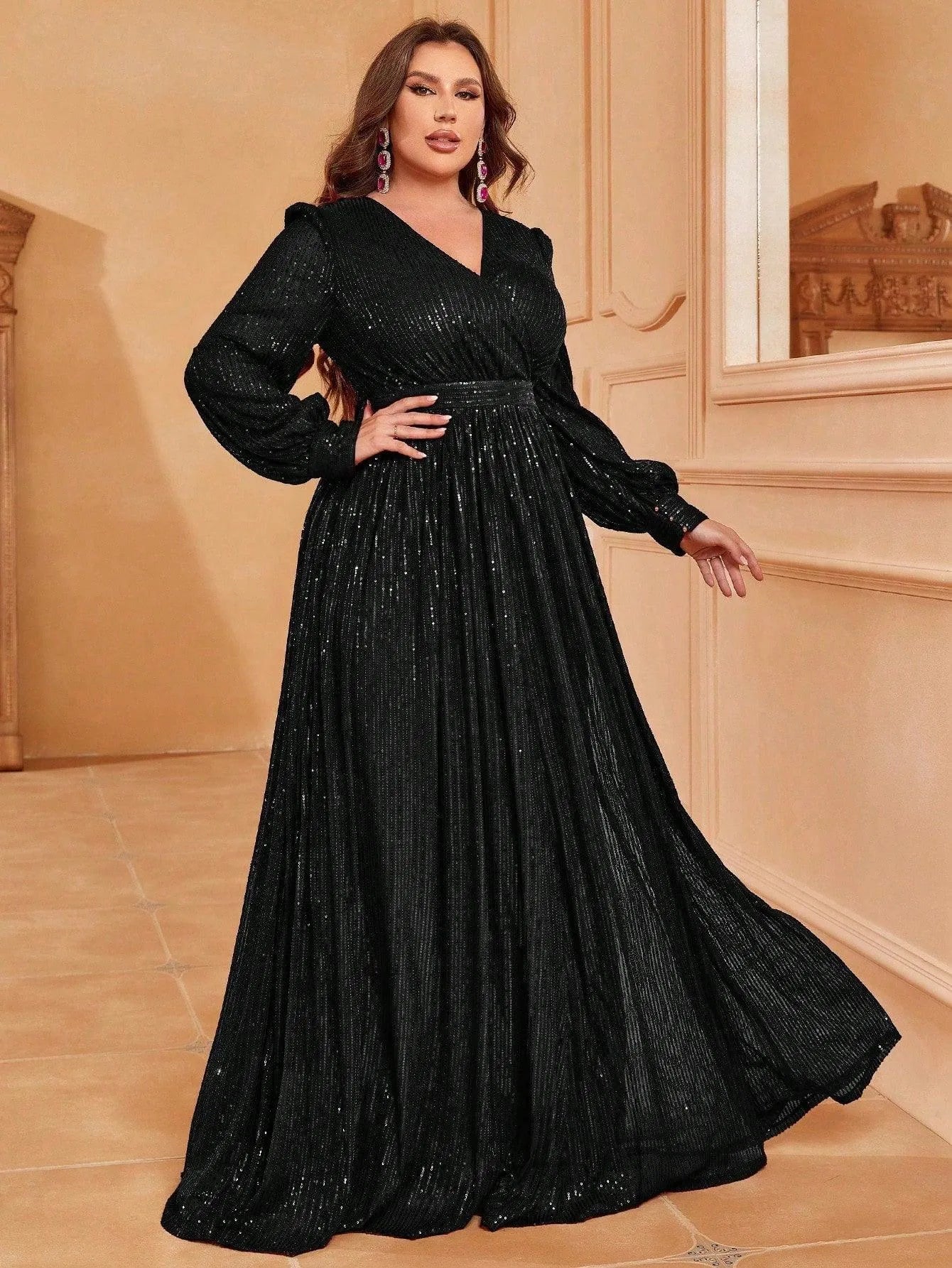Plus V Neck Lantern Sleeve Sequin A Line Dresses Curvepretty Plus V Neck Lantern Sleeve Sequin A Line Dresses Curvepretty