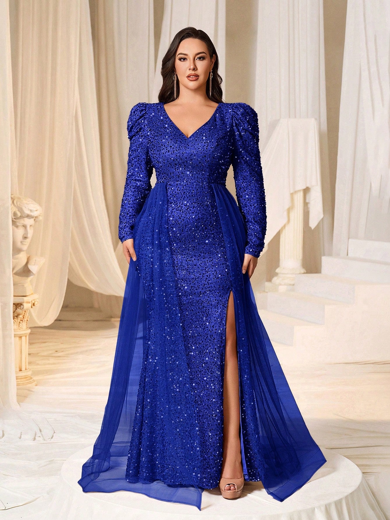 Plus Gigot Sleeves Split Mermaid Hem Sequin Formal Dress Royal Blue / 3XL Plus Gigot Sleeves Split Mermaid Hem Sequin Formal Dress Royal Blue / 3XL