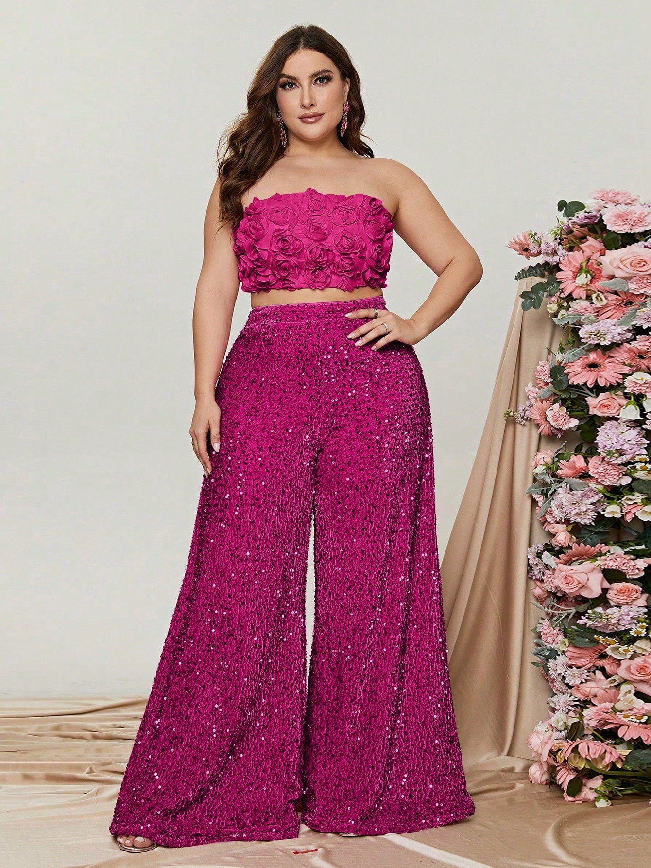 Plus 3D Flowers Tube Top & Sequin Wide Leg Pants