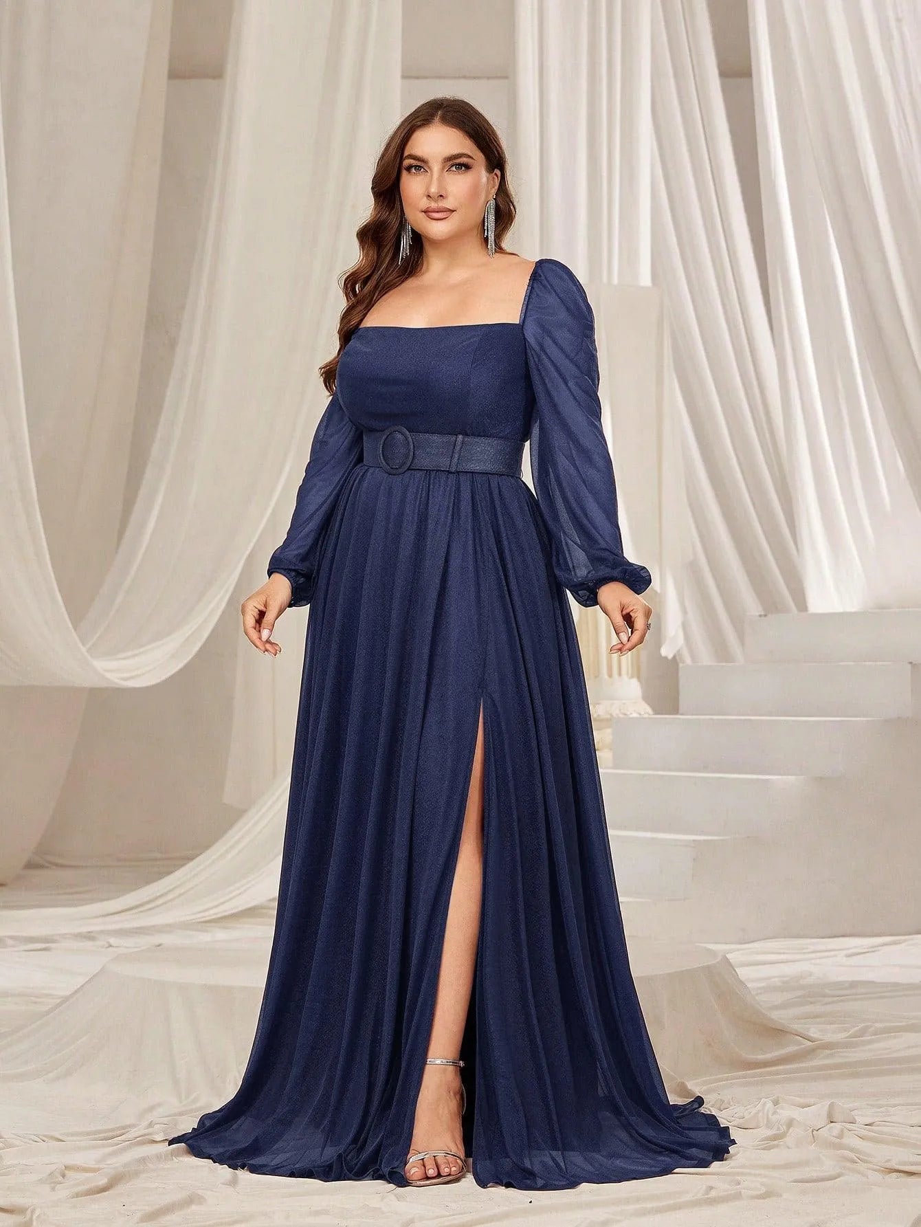 Plus Square Neck Lantern Sleeves Split Thigh Evening Dress - Elonnashop