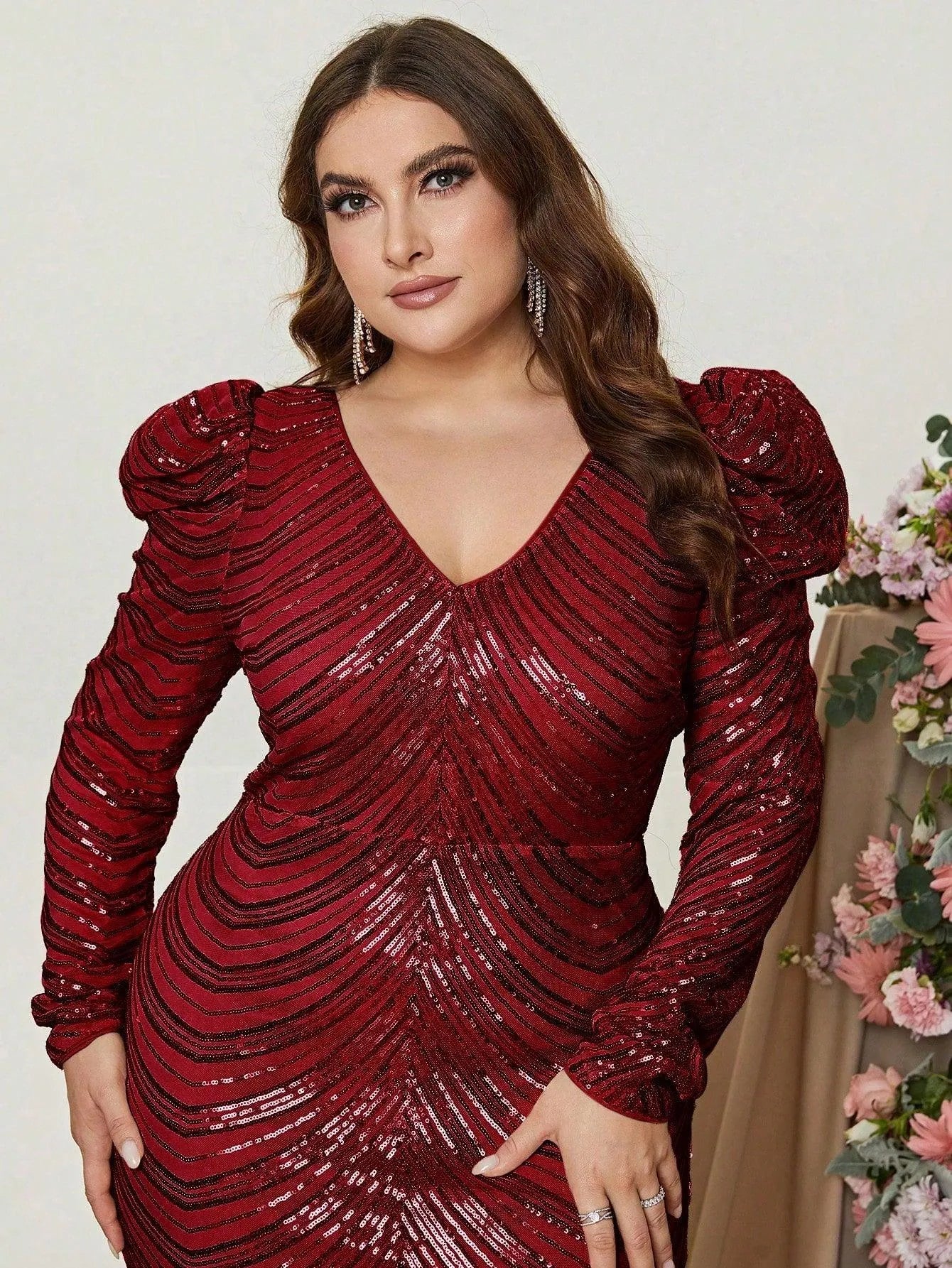 Plus Gigot Sleeves Sequin Midi Dresses - Elonnashop