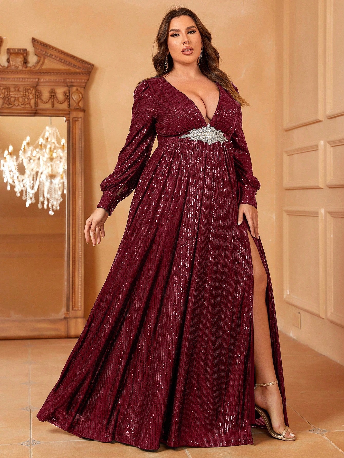 Plus Rhinestone Decor Plunging Neck Sequin Slit Dress