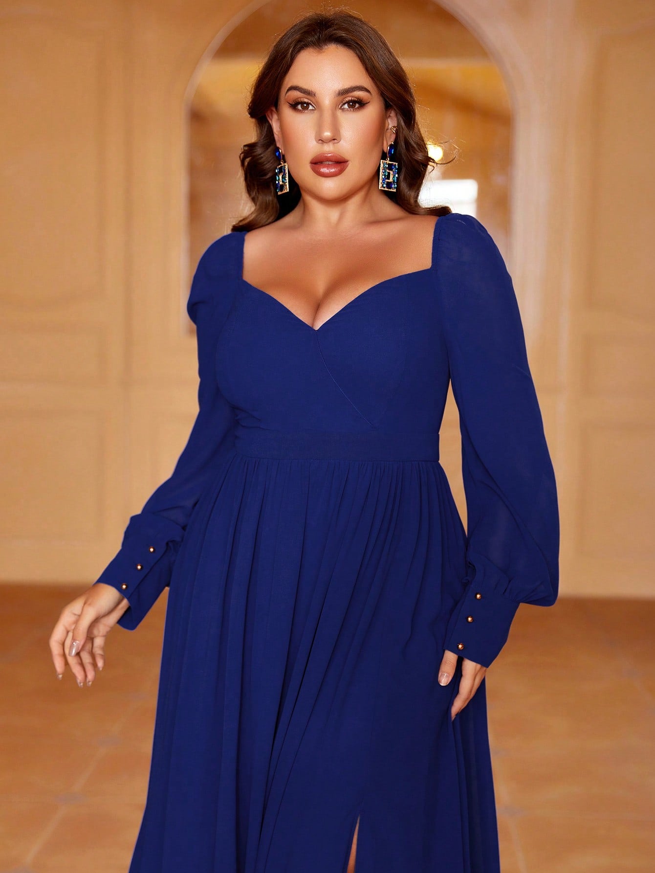 Plus Sweetheart Neck Backless Long Sleeve Chiffon A line Dress