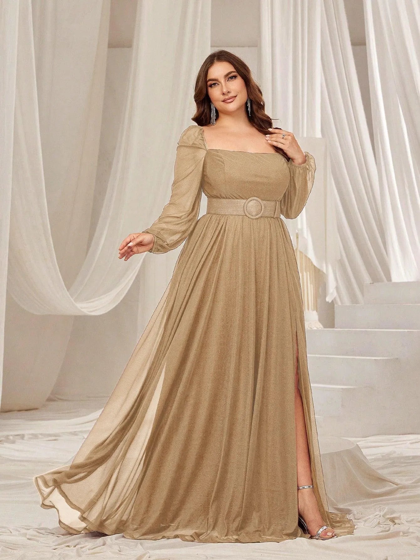 Plus Square Neck Lantern Sleeves Split Thigh Evening Dress - Elonnashop