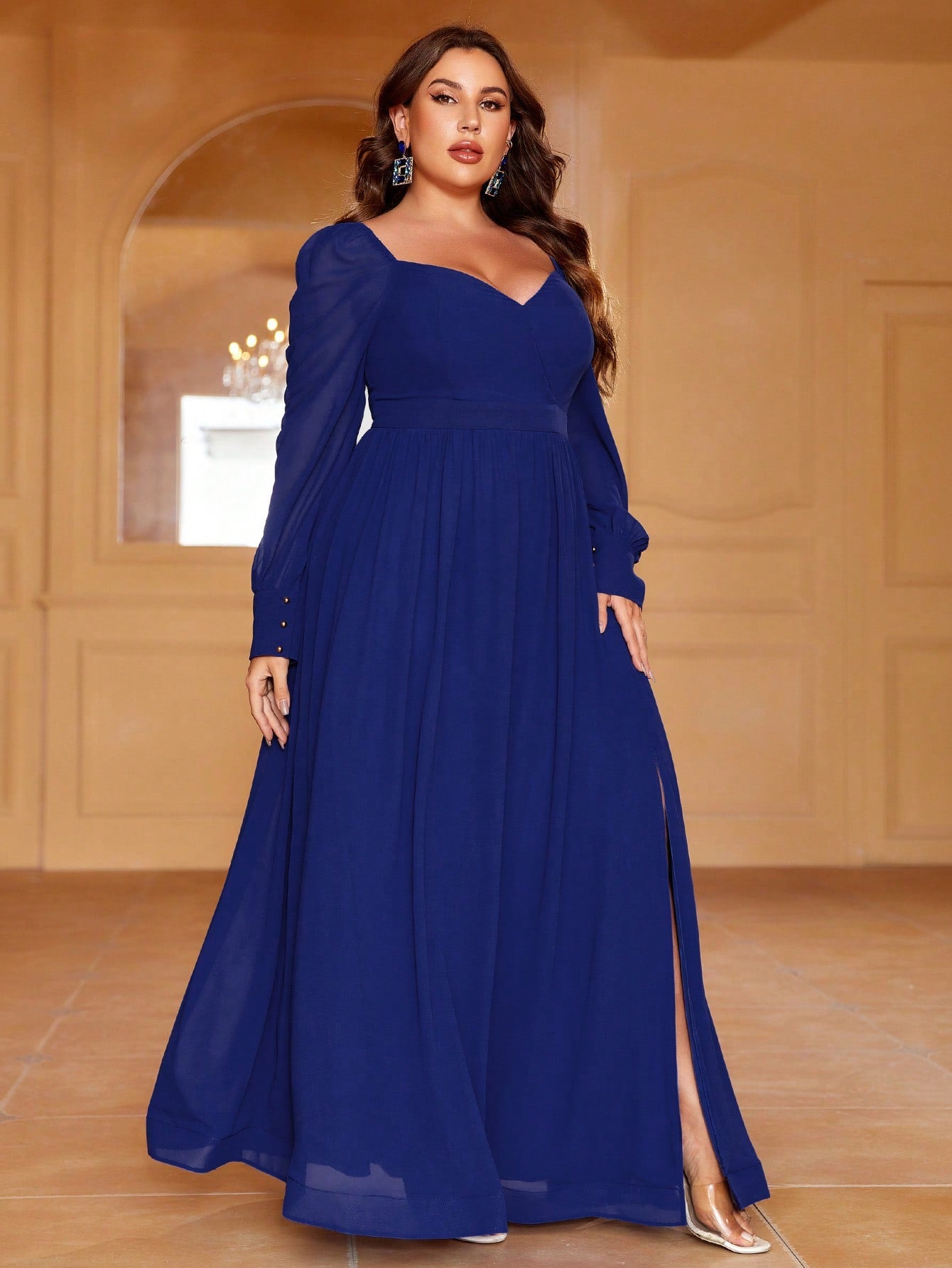 Plus Sweetheart Neck Backless Long Sleeve Chiffon A line Dress