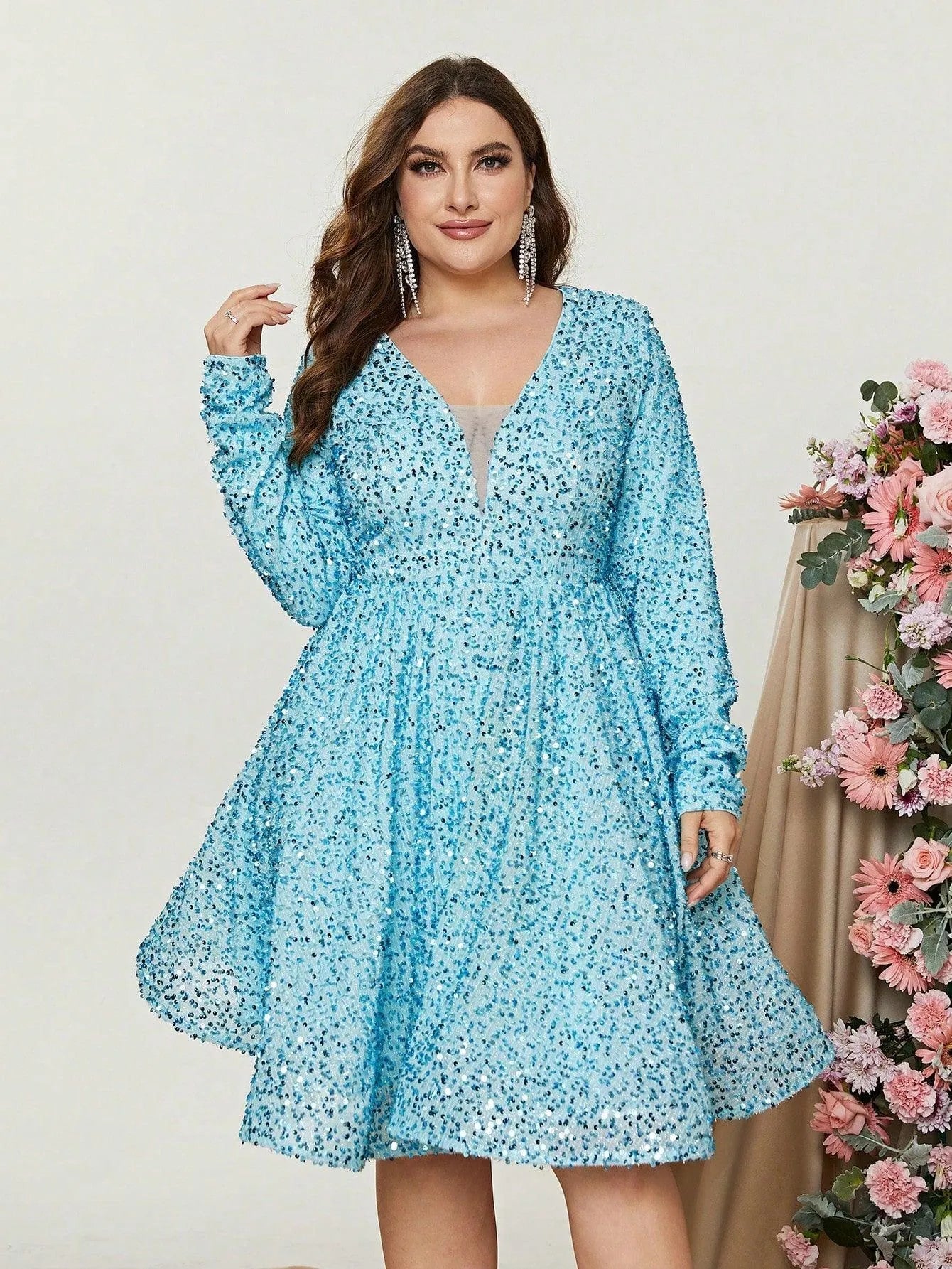 Plus Size V Neck Long Sleeve Sequin A Line Dress - Elonnashop