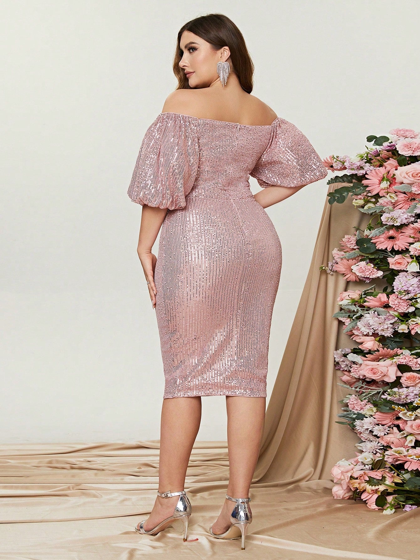 Plus Off Shoulder Puff Sleeves Sequin Midi Dress Black / 2XL Plus Off Shoulder Puff Sleeves Sequin Midi Dress Black / 2XL