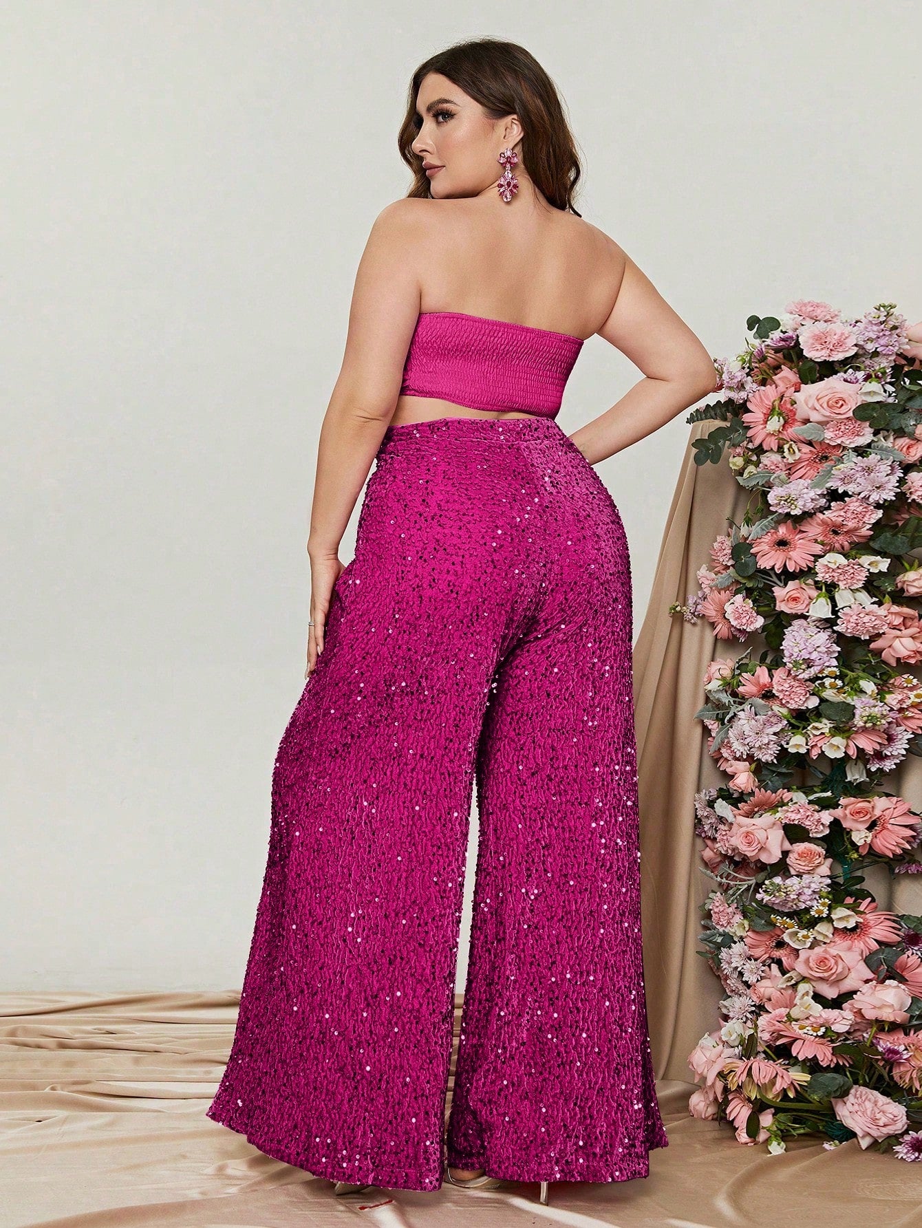 Plus 3D Flowers Tube Top & Sequin Wide Leg Pants