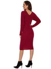 Ribbed Long Sleeve V-Neck Bodycon Knit Sweater Dress
