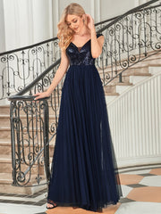 A-line Sequin Off the Shoulder Maxi Tulle Evening Dress