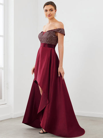 Sequin Off-Shoulder Illusion Sweetheart Ribbon Waist High Low Evening Dress