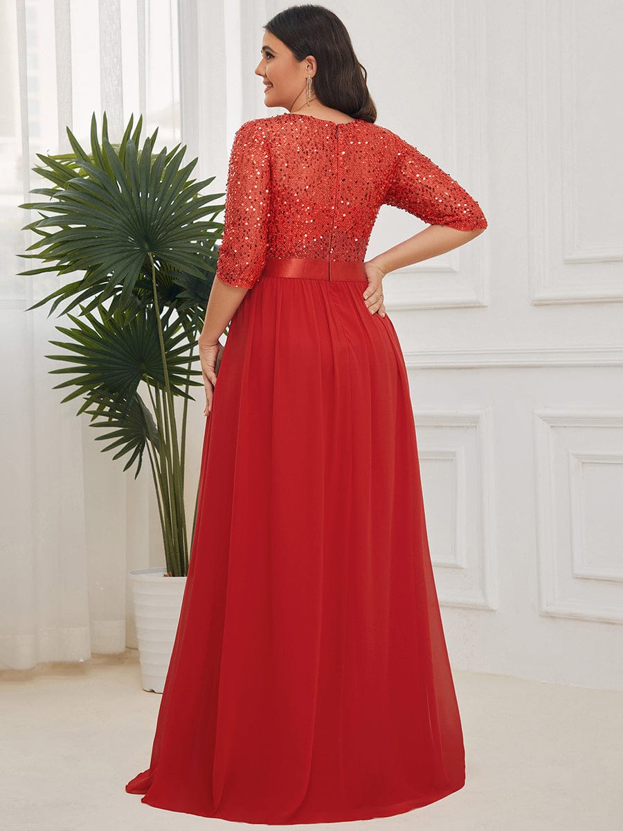 3/4 Sleeves Round Neck Evening Dress With Sequin Bodice