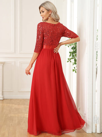 3/4 Sleeves Round Neck Evening Dress With Sequin Bodice