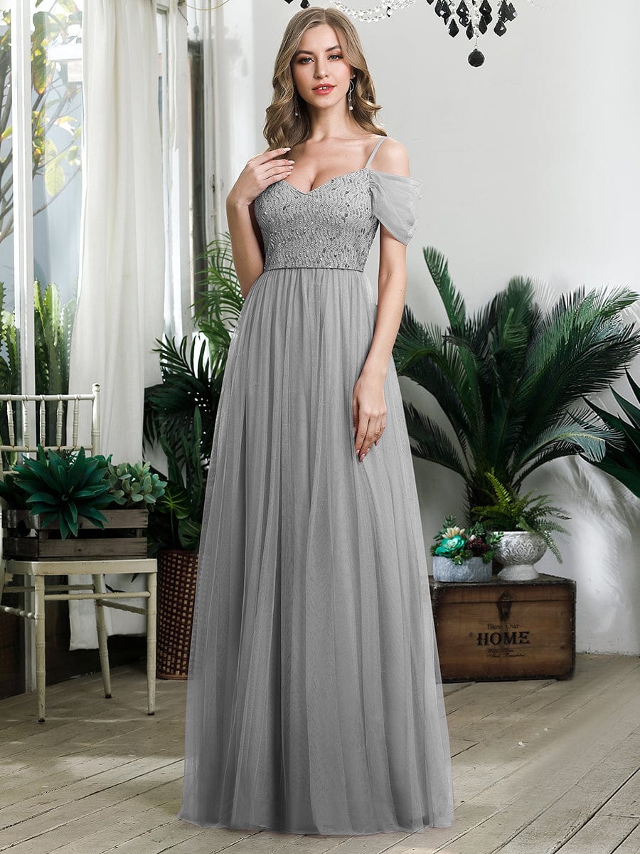 Sequin Bodice Cold Shoulder Floor Length Tulle Bridesmaid Dress