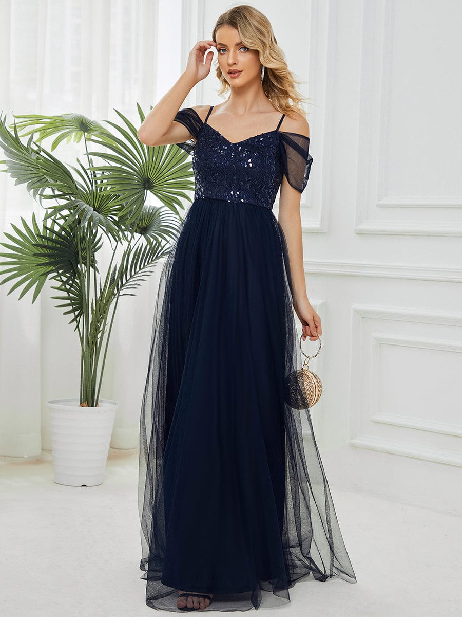 Sequin Bodice Cold Shoulder Floor Length Tulle Bridesmaid Dress