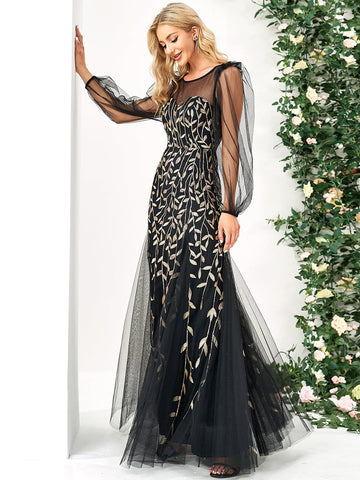 Sheer Long Sleeve Sweetheart Floral Sequin Evening Dress