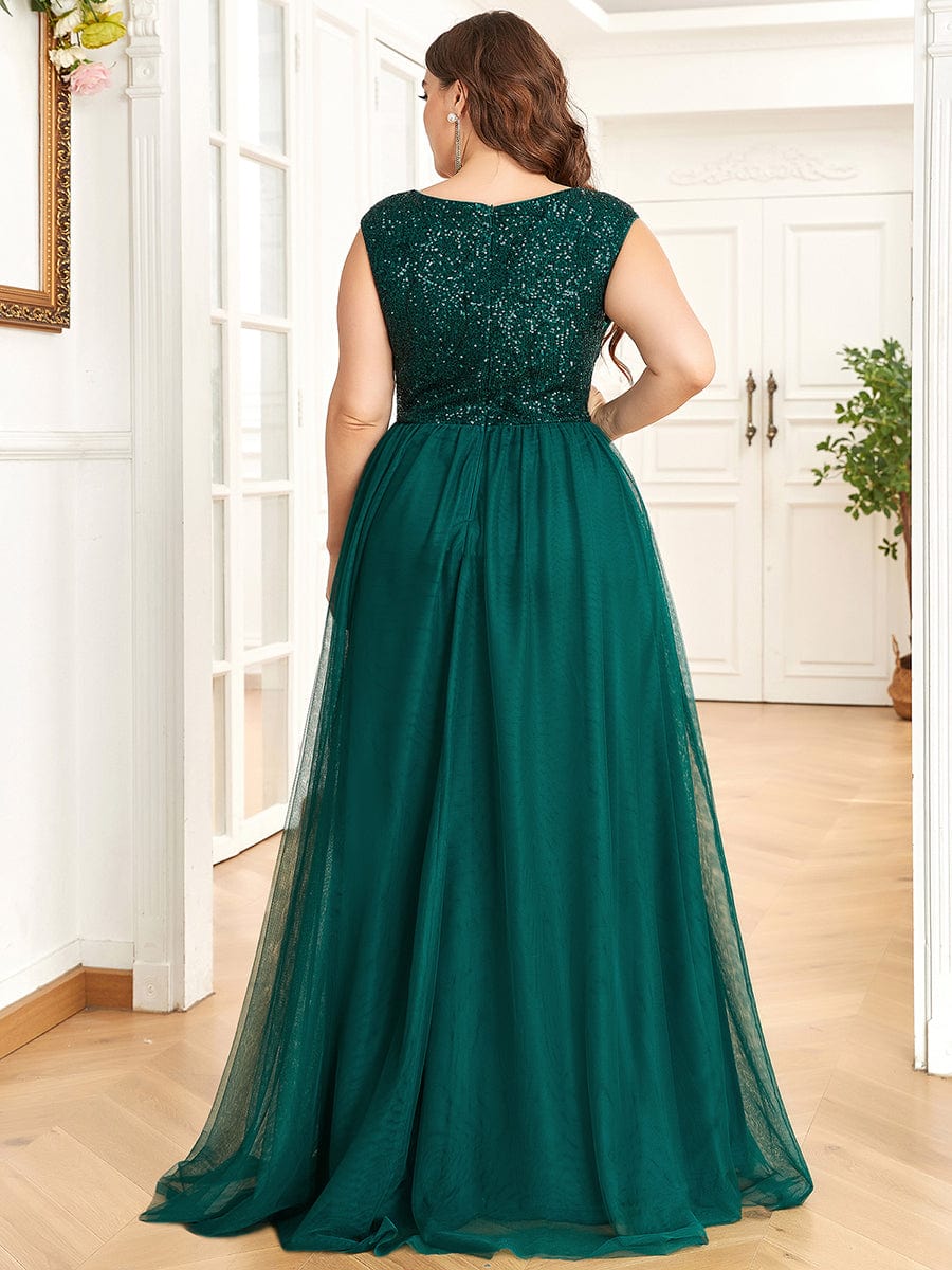 Sequin Illusion Plunging V-Neckline Sleeveless A-Line Tulle Evening Dress