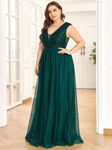 Plus Size Sequin Illusion Plunging V-Neckline Sleeveless A-Line Tulle Evening Dress