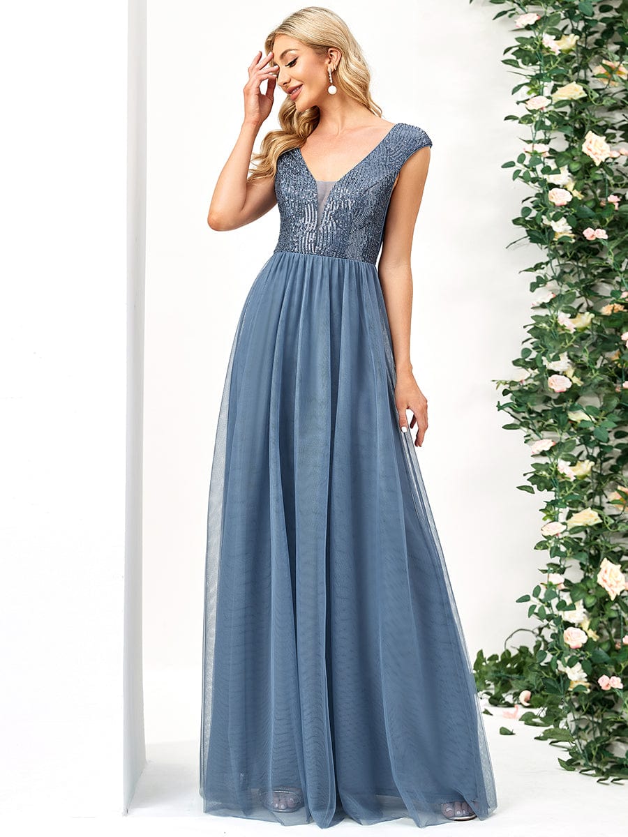 Sequin Illusion Plunging V-Neckline Sleeveless A-Line Tulle Evening Dress