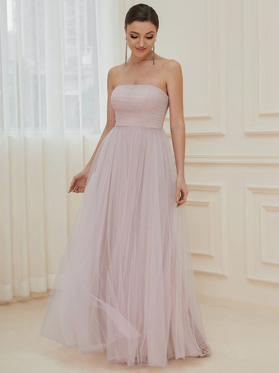 Strapless Ruched Tulle High Slit Floor-Length Evening Dress