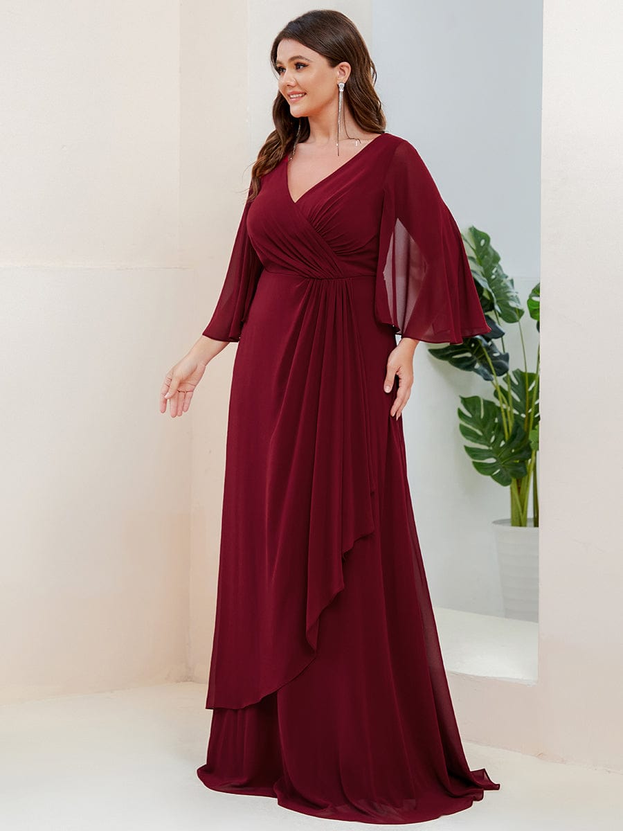 Plus Size A-Line Pleated Split Sleeve V-Neck Chiffon Evening Dress