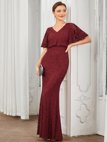 Short Cape Sleeve Embroidered Lace Bodycon Evening Dress