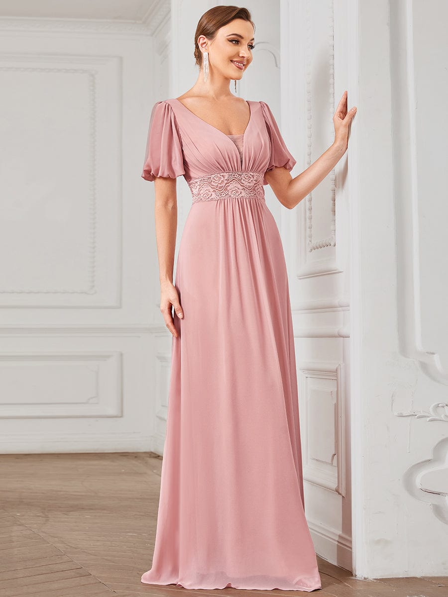 A-Line Pleated Chiffon Short Sleeve Illusion Lace Evening Dress