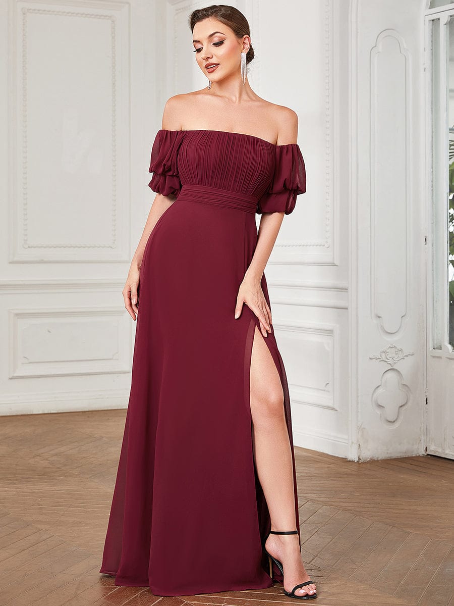 Chiffon Shirred Off-Shoulder High Slit Evening Dress