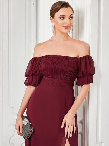 Chiffon Shirred Off-Shoulder High Slit Evening Dress