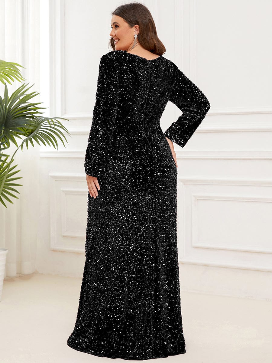 Plus Size Long Sleeve Sequin Front Slit Bodycon Evening Dress