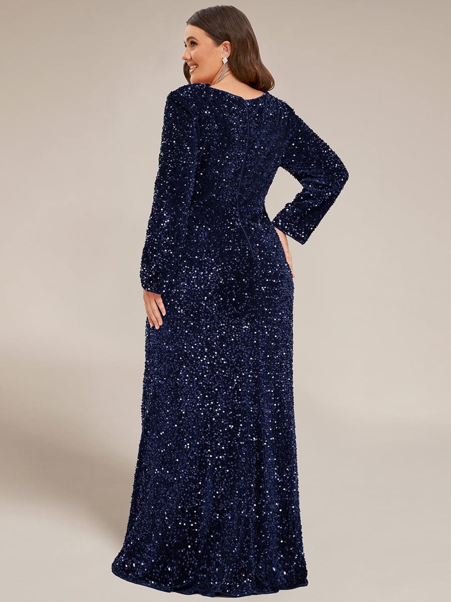 Plus Size Long Sleeve Sequin Front Slit Bodycon Evening Dress